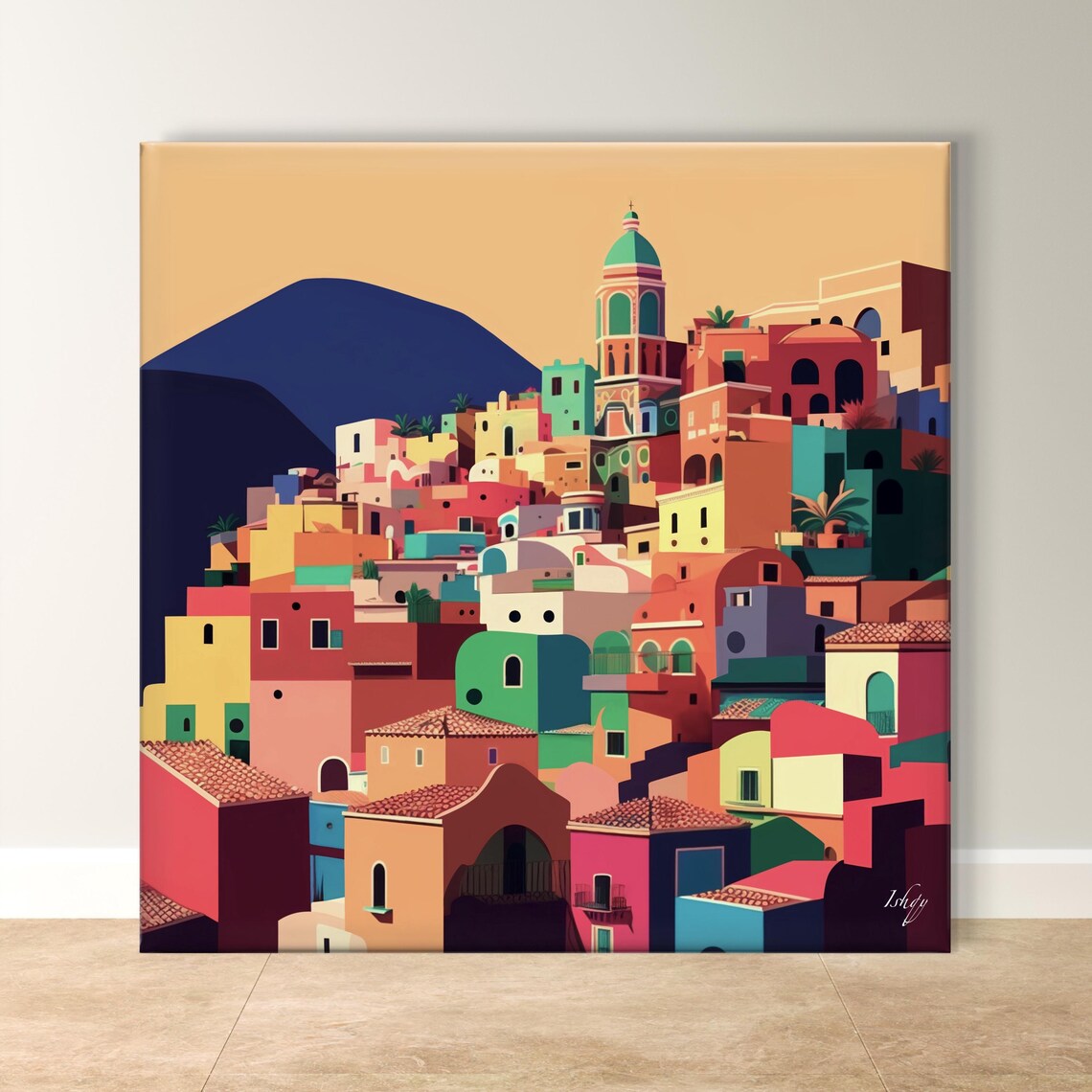 Colorful Mediterranean Hillside Village by the Sea at Dusk Poster