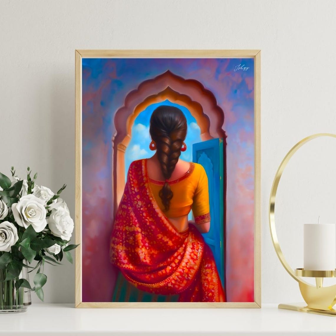 Punjabi Woman in Red Phulkari Saree at Arched Doorway Poster