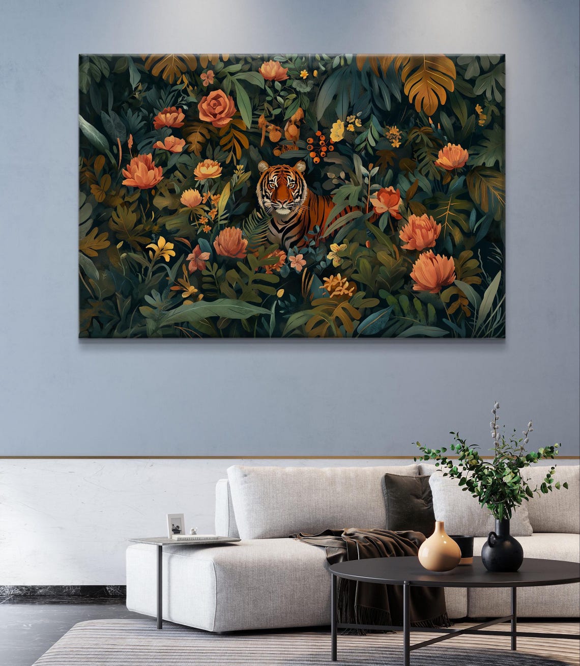 Tiger Peeking Through Dark Floral Jungle Orange Blooms Art Poster - Image 6