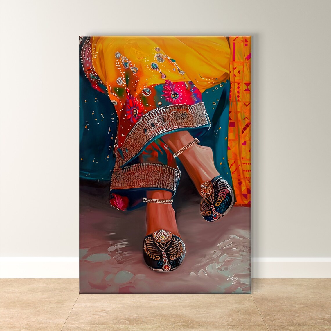 Punjabi Jutti Shoes with Colorful Embroidered Dress Art Poster