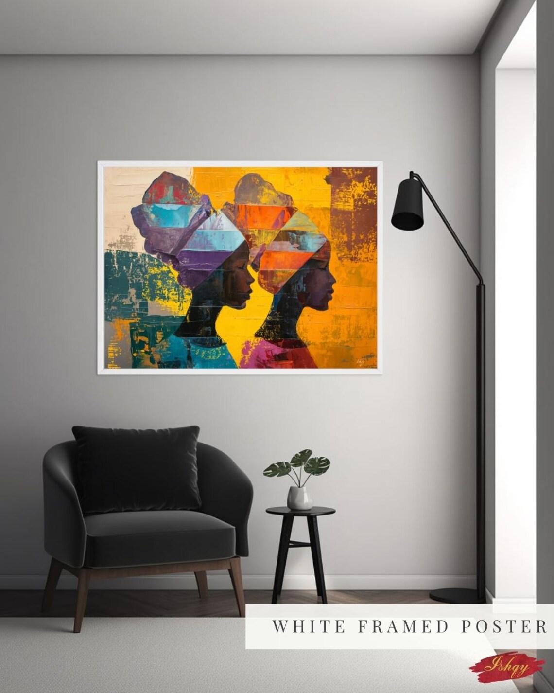 Two African Sisters in Geometric Headwraps on Gold Abstract Poster - Image 3