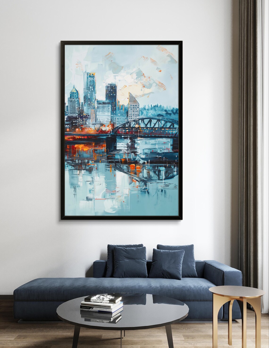 Portland Oregon Skyline Bridge River Reflection Cityscape Art Poster - Image 2