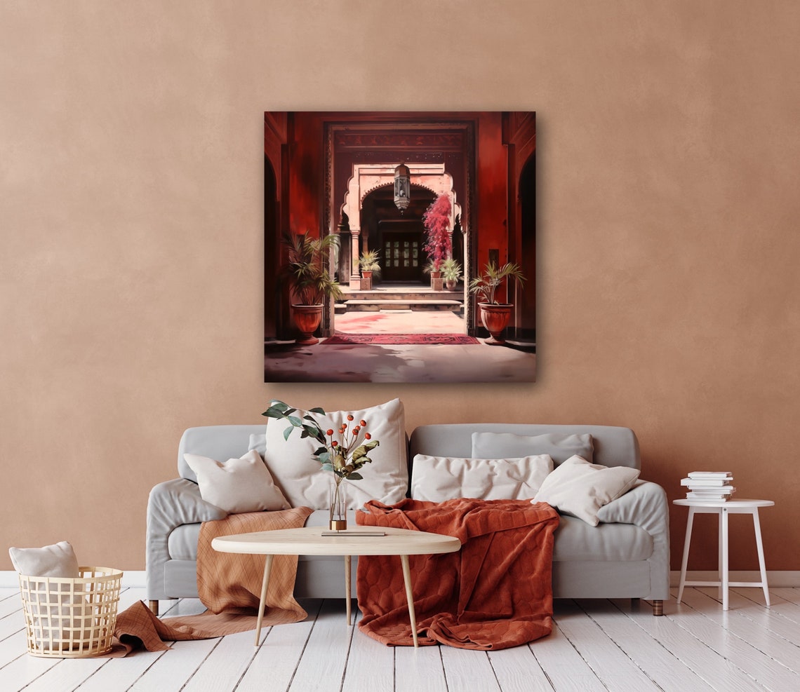 Indian Haveli Arched Entrance with Lantern in Red Tones Poster - Image 6