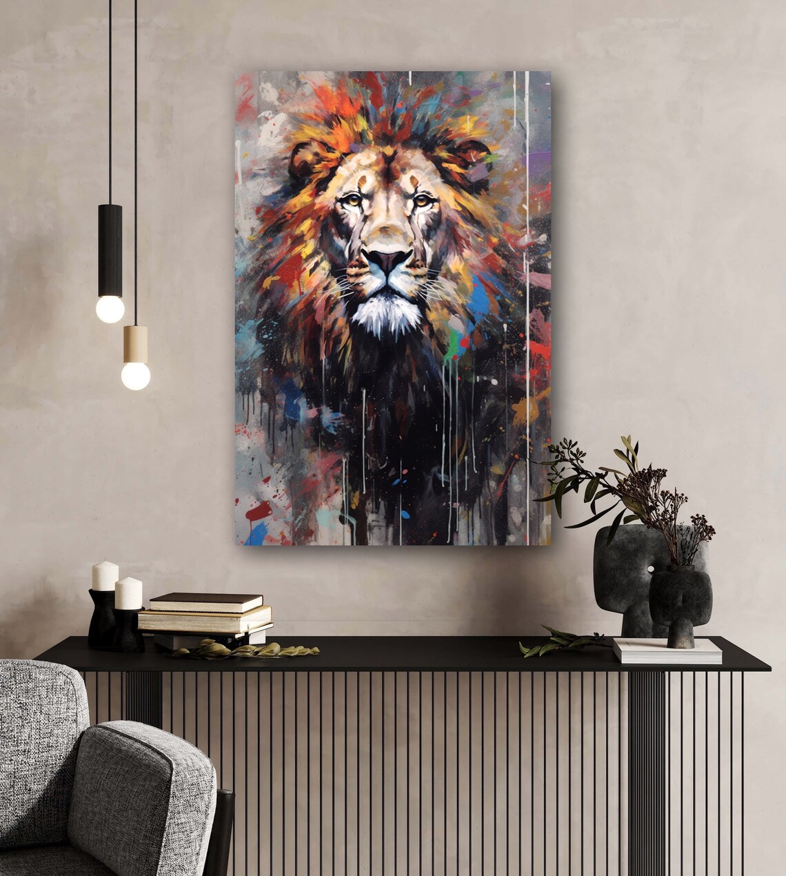 Majestic Lion Portrait in Bold Colorful Drip Paint Style Poster - Image 6