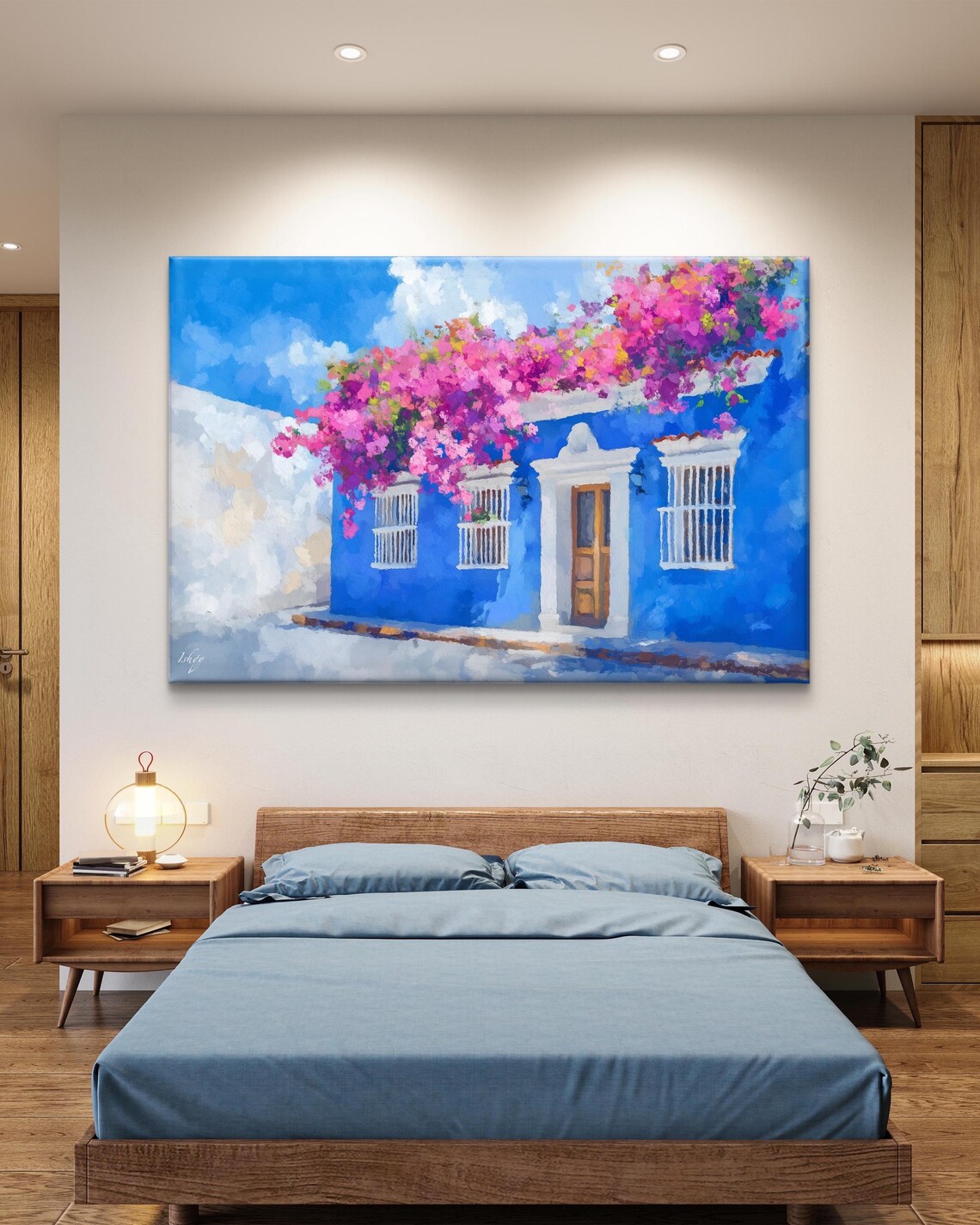 Cobalt Blue Colombian Colonial House With Bougainvillea Street Poster - Image 6