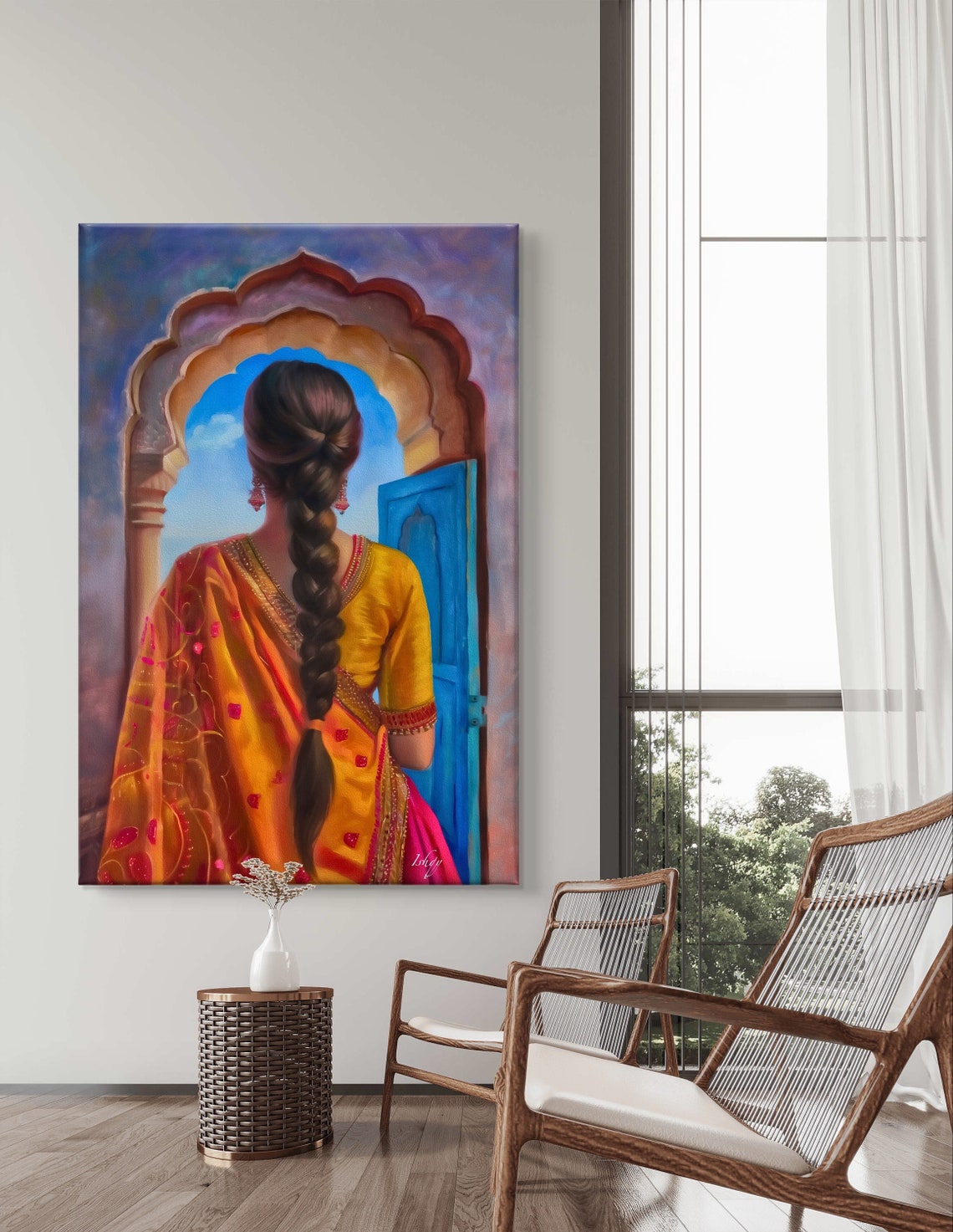 Punjabi Woman with Long Braid at Arched Blue Doorway Art Poster - Image 6