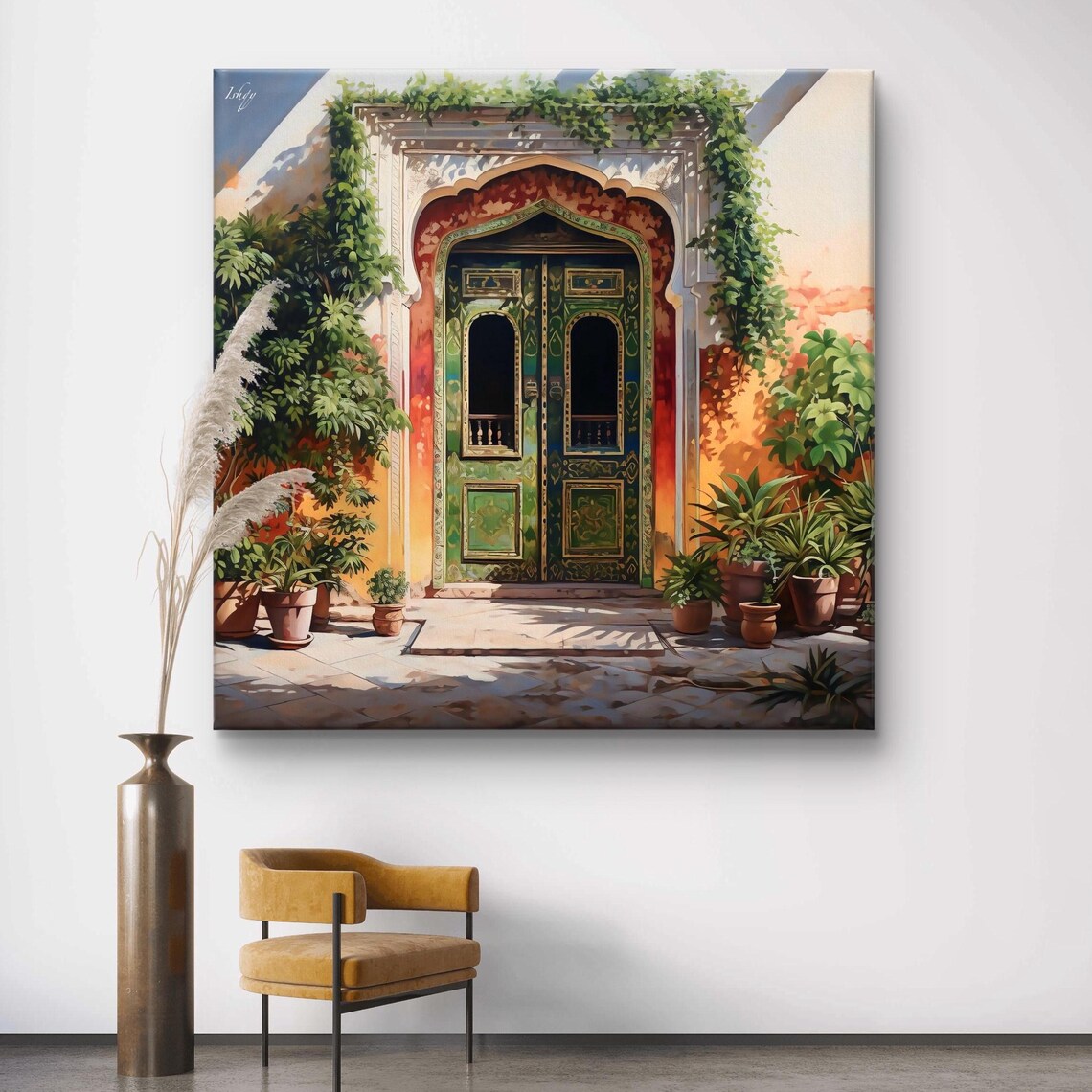 Green Carved Haveli Door Sunlit Arched Entrance India Art Poster - Image 6