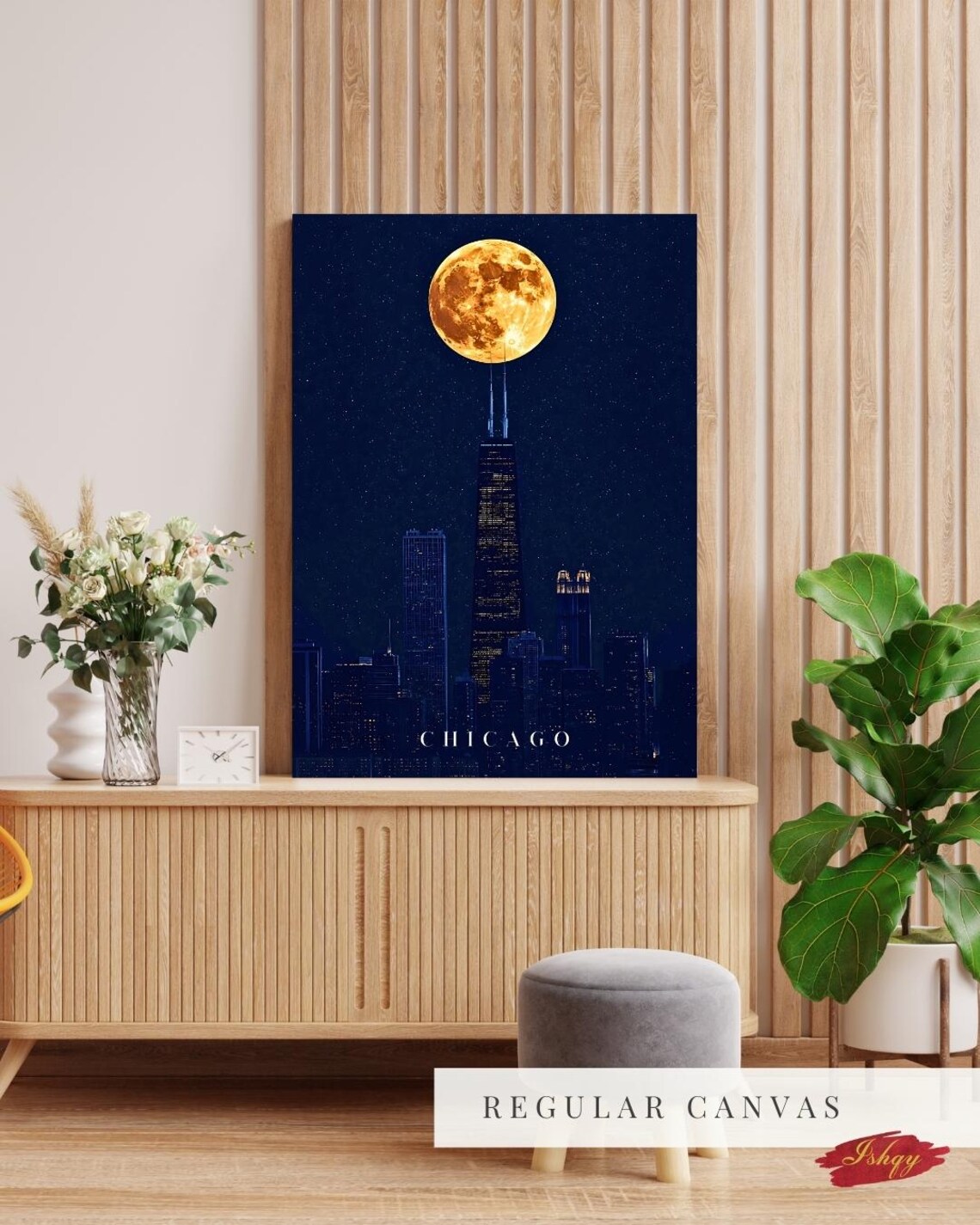 Chicago Skyline Night Full Moon Over Willis Tower City Poster - Image 2
