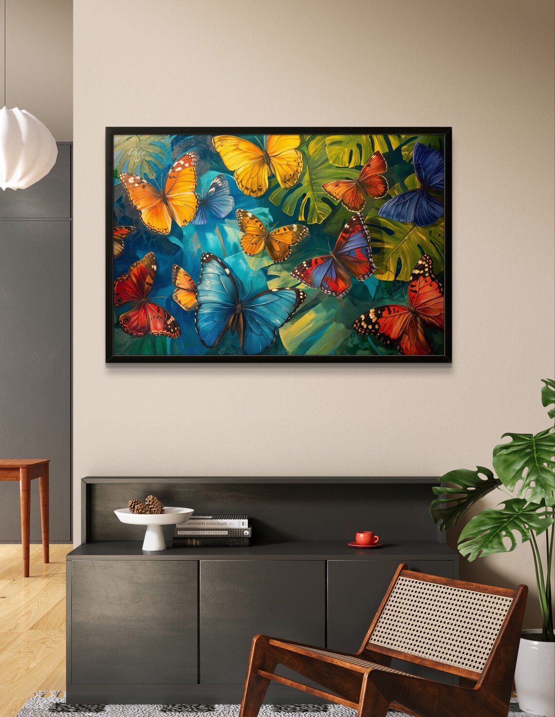 Colorful Butterflies Among Tropical Leaves Nature Painting Poster - Image 2