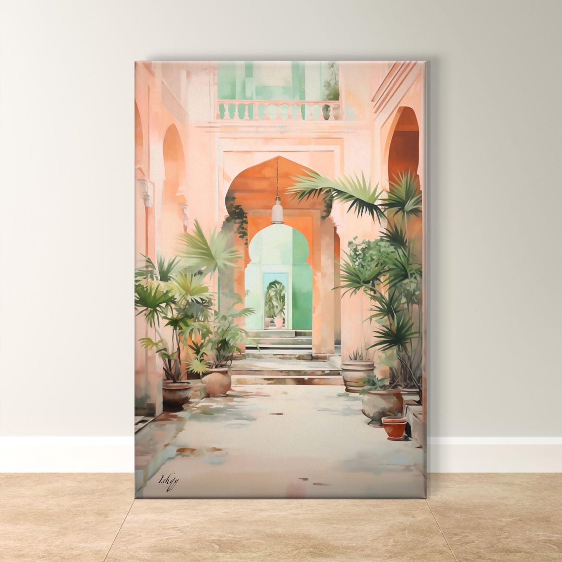 Peach Courtyard with Arched Corridor and Palm Plants Art Poster