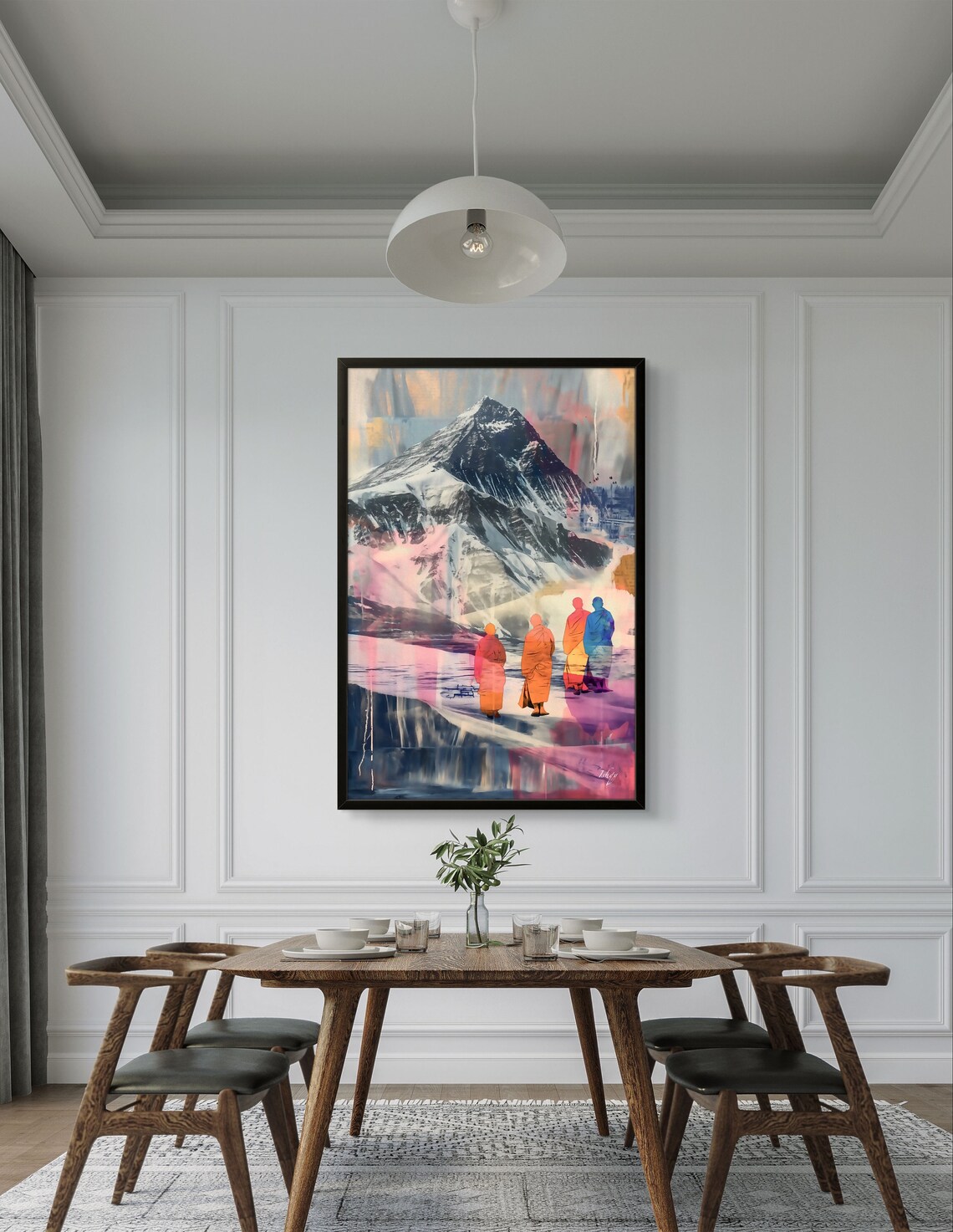 Tibetan Monks Walking Toward Snowy Mountain Peaks Art Poster - Image 3