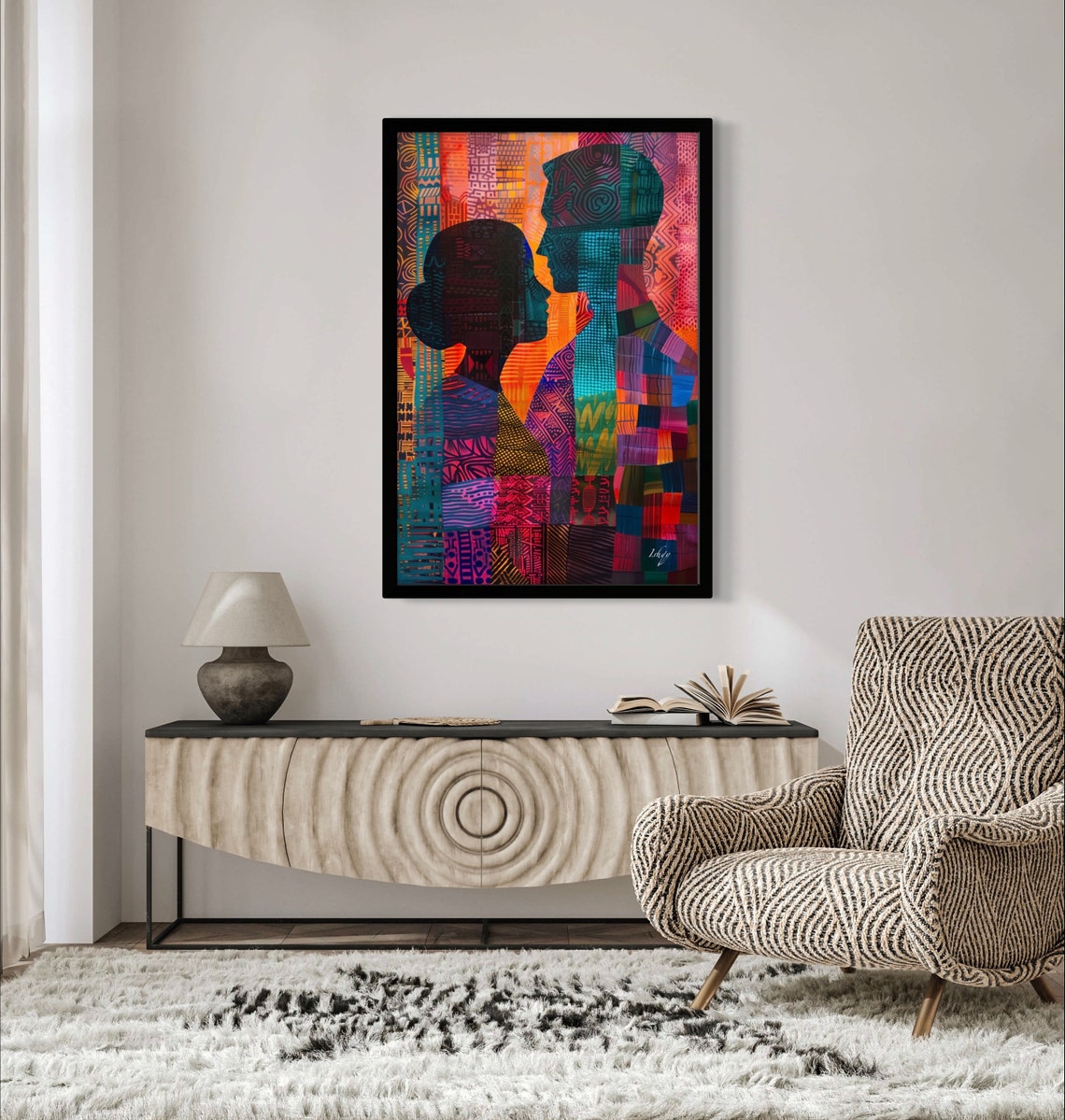 African Couple Silhouette in Tribal Pattern Mosaic Art Poster - Image 2