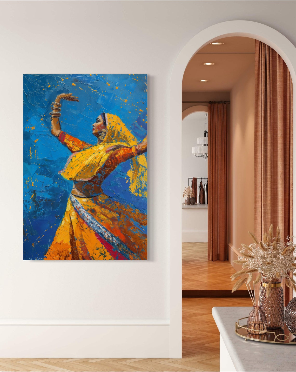 Rajasthani Dancer in Yellow Sari on Deep Blue Artwork Poster - Image 5