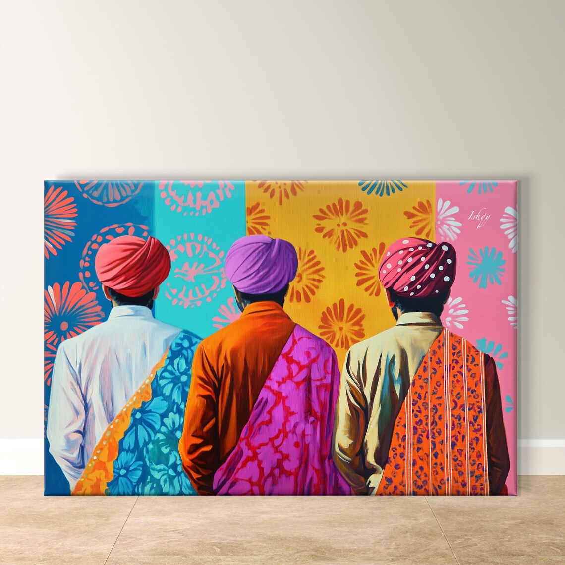 Three Indian Men Colorful Turbans Pop Art Festival Portrait Poster