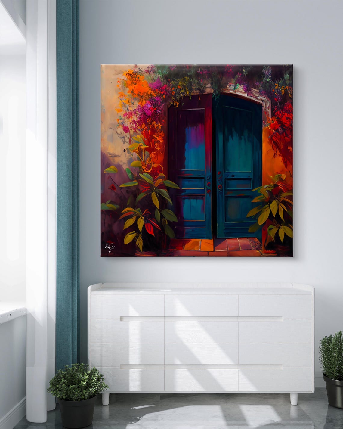 Teal Wooden Double Door Surrounded by Bright Flowers Garden Poster - Image 6