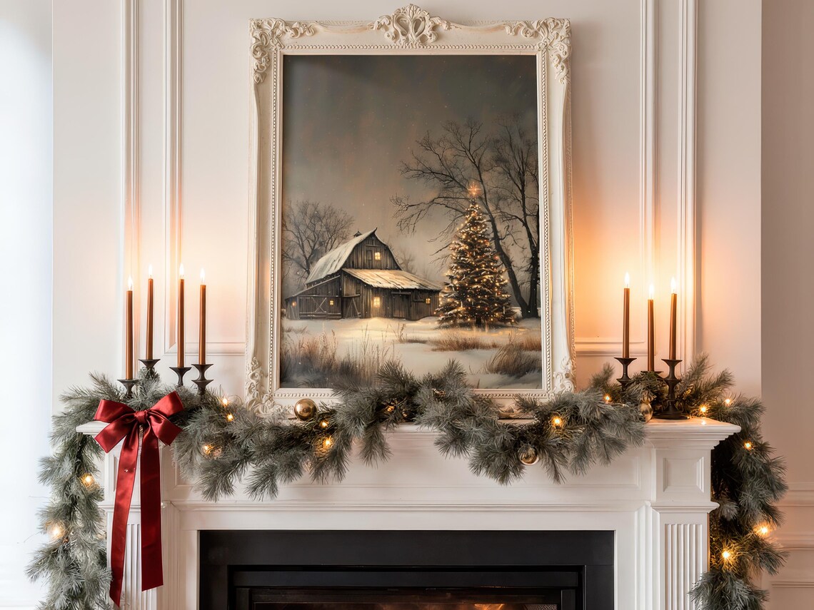 Rustic Christmas Barn Art Print, Vintage Winter Farmhouse