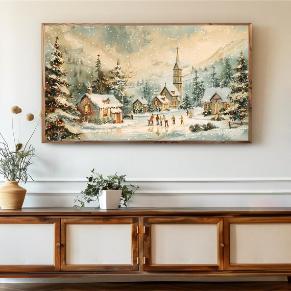 Vintage Snowy Christmas Village Church Watercolor Holiday Wall Art