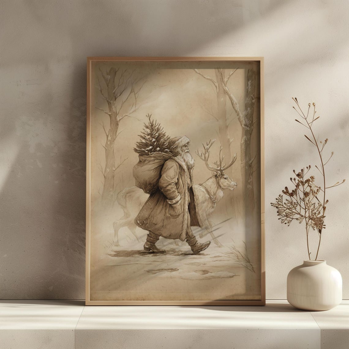 Santa Claus And Reindeer Sketch Poster Neutral Vintage Winter Scene