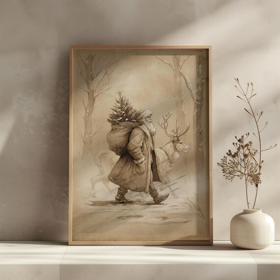 Santa Claus And Reindeer Sketch Poster Neutral Vintage Winter Scene
