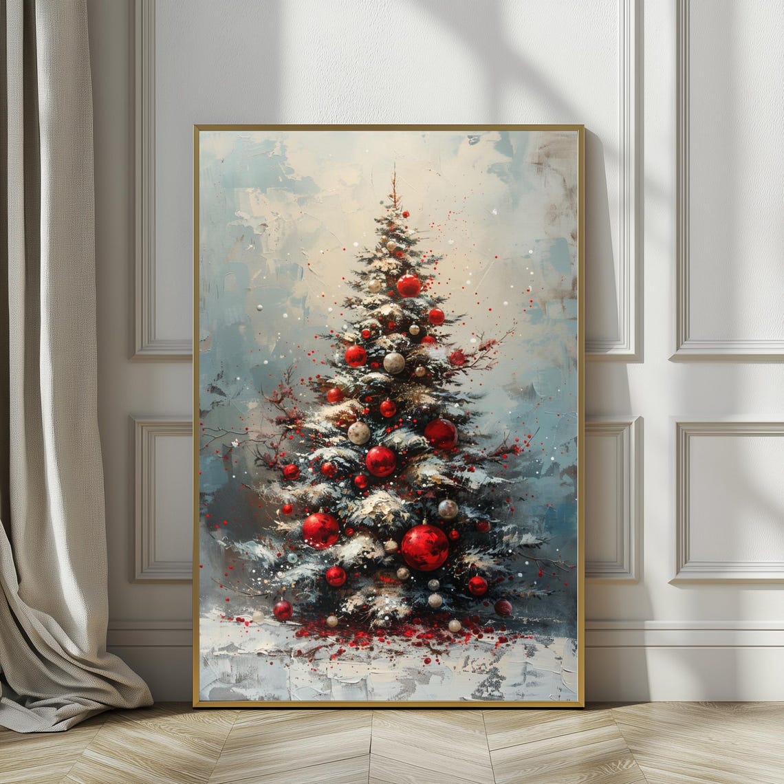 Snowy Christmas Tree Poster With Red Ornaments Winter Holiday Charm