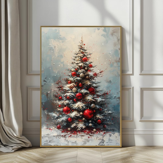 Snowy Christmas Tree Poster With Red Ornaments Winter Holiday Charm
