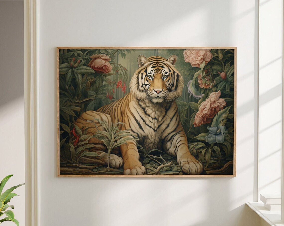 William Morris Inspired Tiger Art Print, Rustic Farmhouse