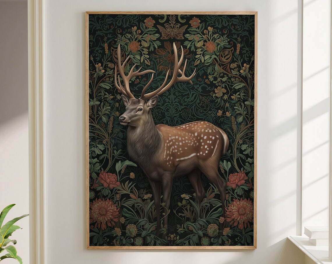 William Morris Inspired Deer Art Print, Nature Wall Art