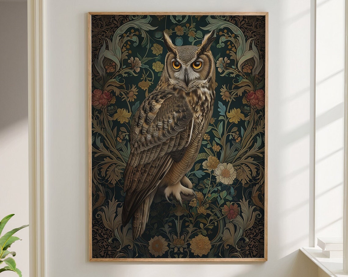 Great Horned Owl Perched Among Dark Vintage Floral Tapestry Poster