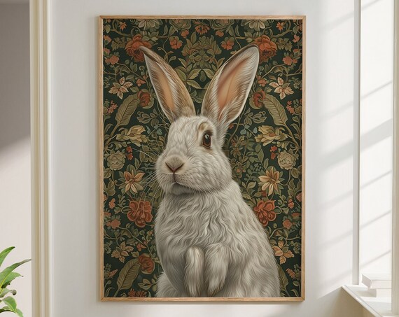 Sweet White Hare Close Portrait on Dark Vintage Botanical Poster
