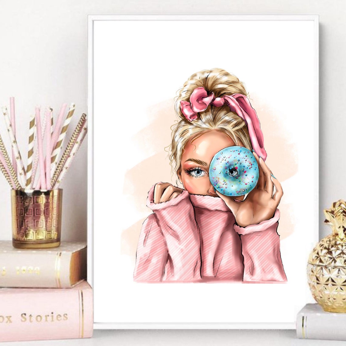 Donut Girl Poster Blonde Girl Illustration Girly Wall Art Teen Girl Bedroom Decor Feminine Home Wall Decor Watercolor Print