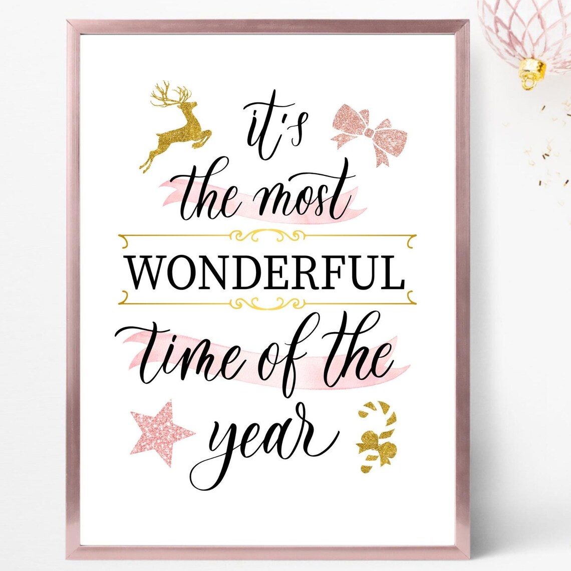 Its The Most Wonderful Time Of The Year Print Christmas Quote Wall Decor Holiday Home Decor Pink And Gold Christmas Wall Art Winter Art