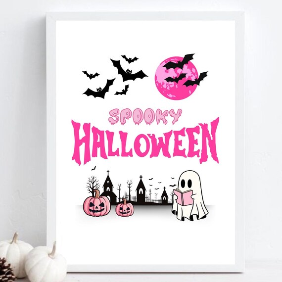 Spooky Pink Halloween Ghost Reading Book Bats Moon Pumpkins Art Poster