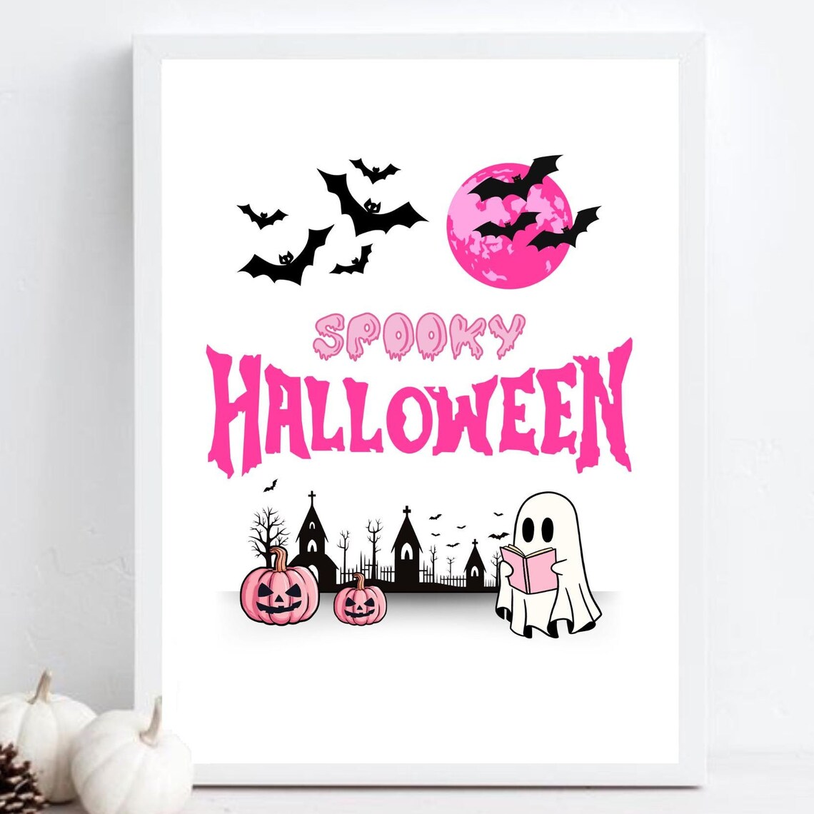 Spooky Pink Halloween Ghost Reading Book Bats Moon Pumpkins Art Poster