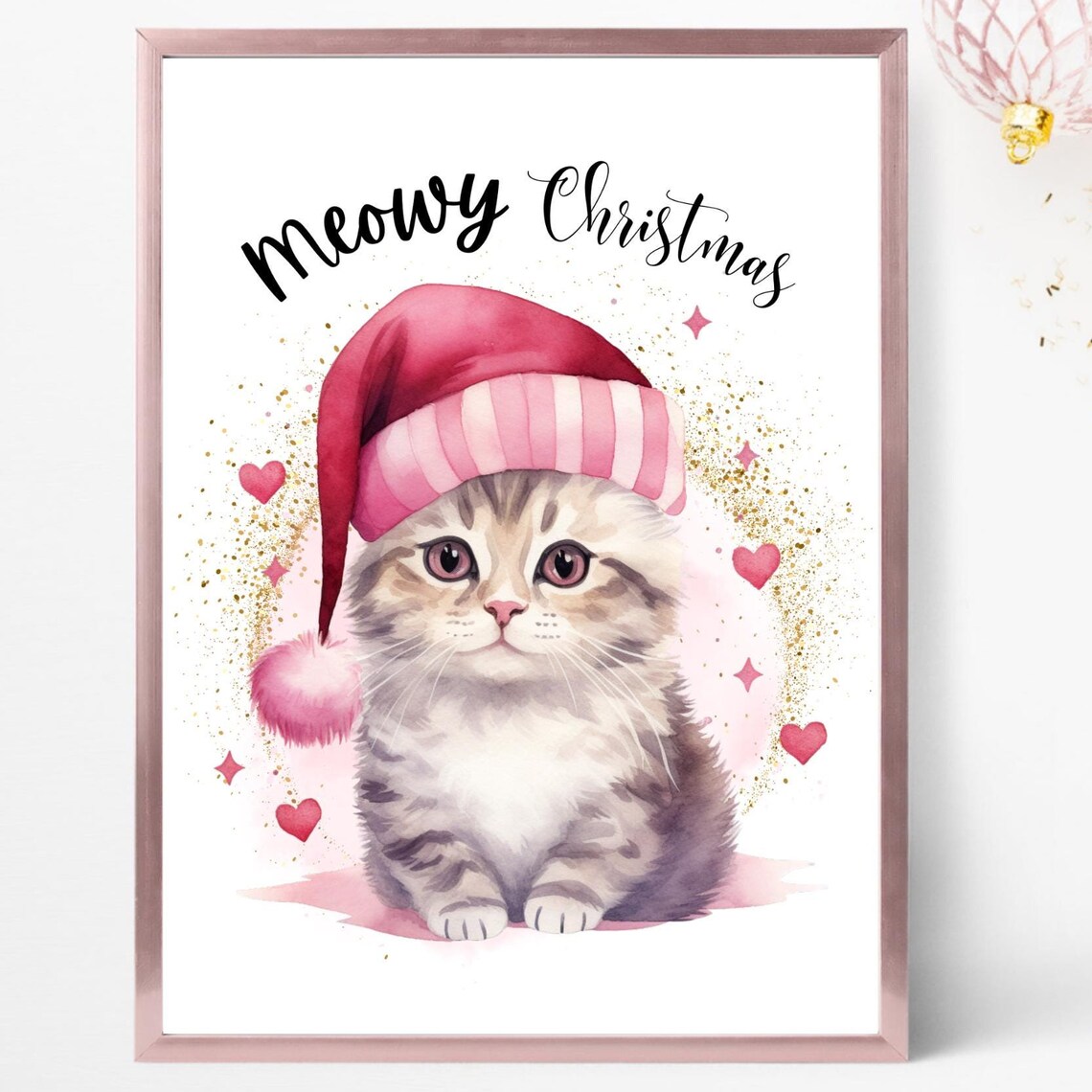 Meowy Christmas Kitten Pink Santa Hat Cute Cat Holiday Print Art - Image 3