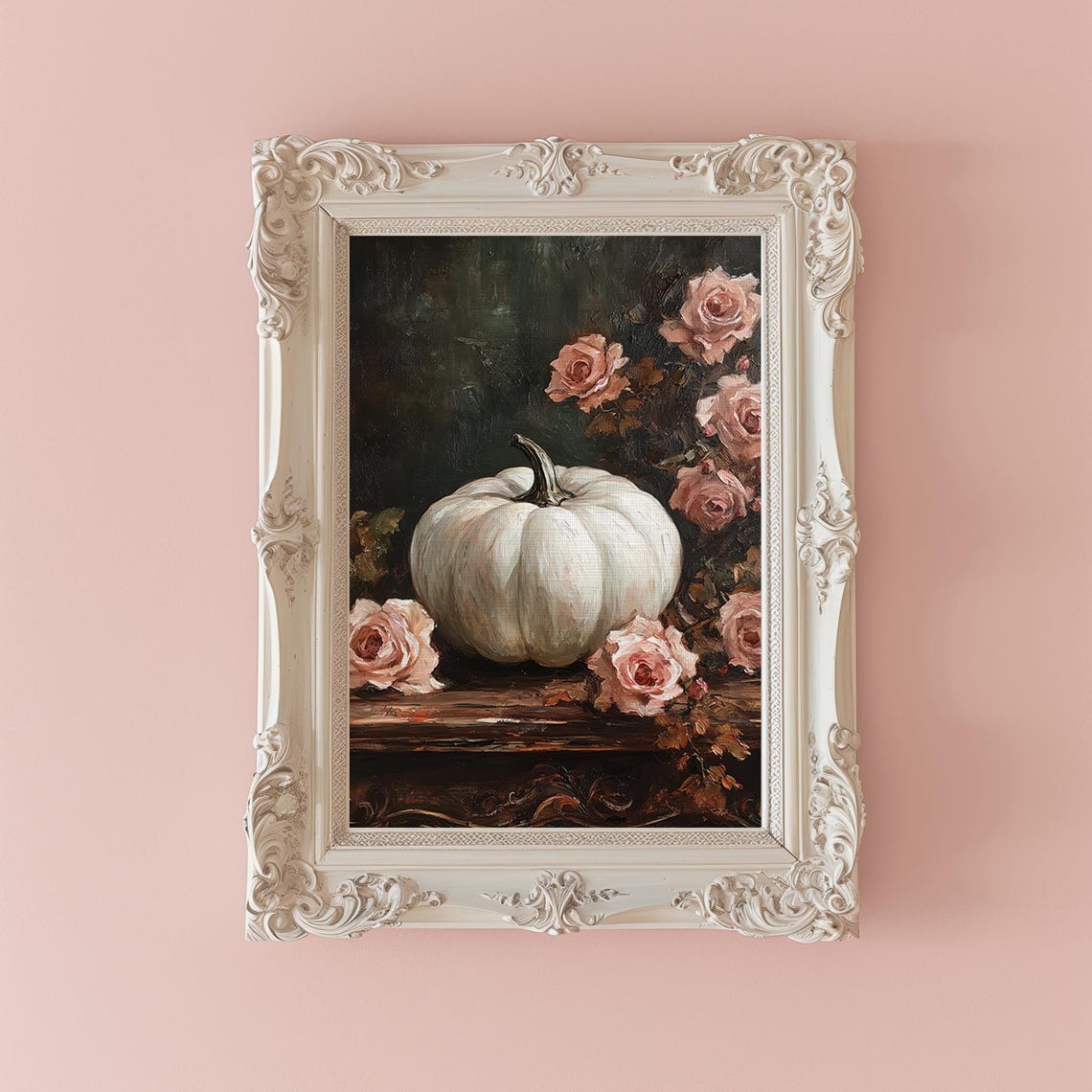 White Pumpkin With Pink Roses Dark Fall Still Life Wall Poster - Image 2