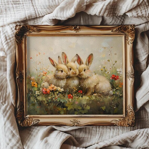 Three Baby Bunnies Among Wildflowers Spring Nursery Wall Poster