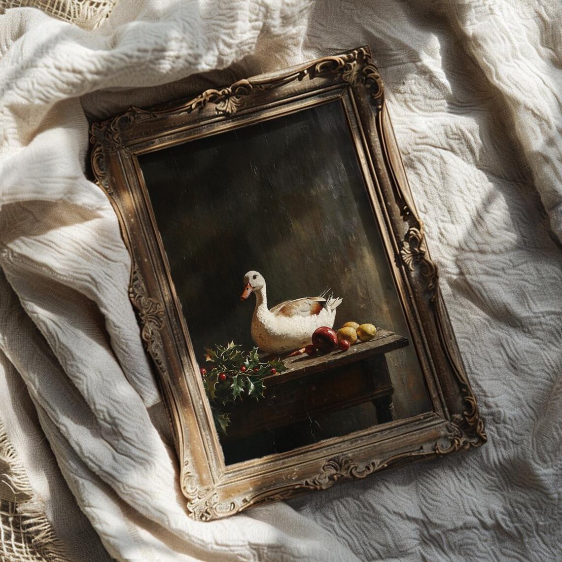Christmas Still Life With White Goose Holly And Fruit Moody Poster - Image 3