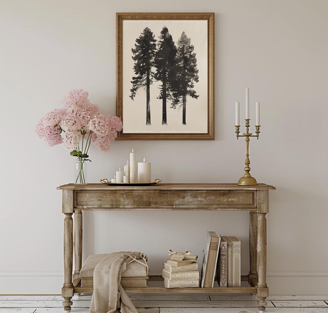 Three Tall Pine Trees Minimalist Black Ink Watercolor Poster - Image 2