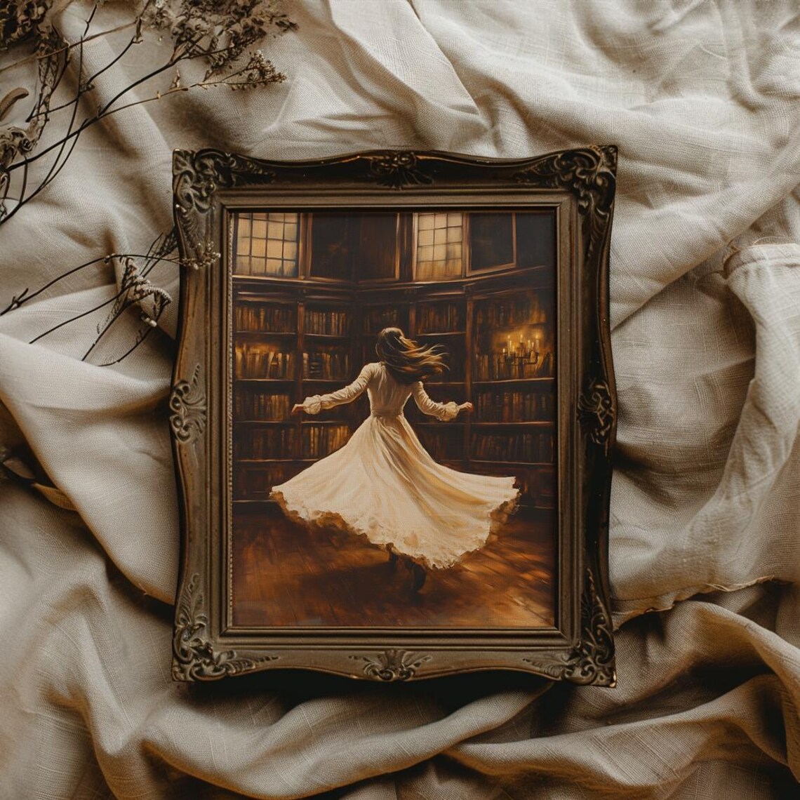 Woman in a Flowing White Dress Twirling in a Dark Library Poster - Image 4
