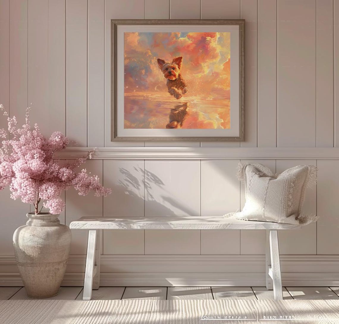 Playful Yorkshire Terrier Splashing In Golden Sunset Water Print - Image 2