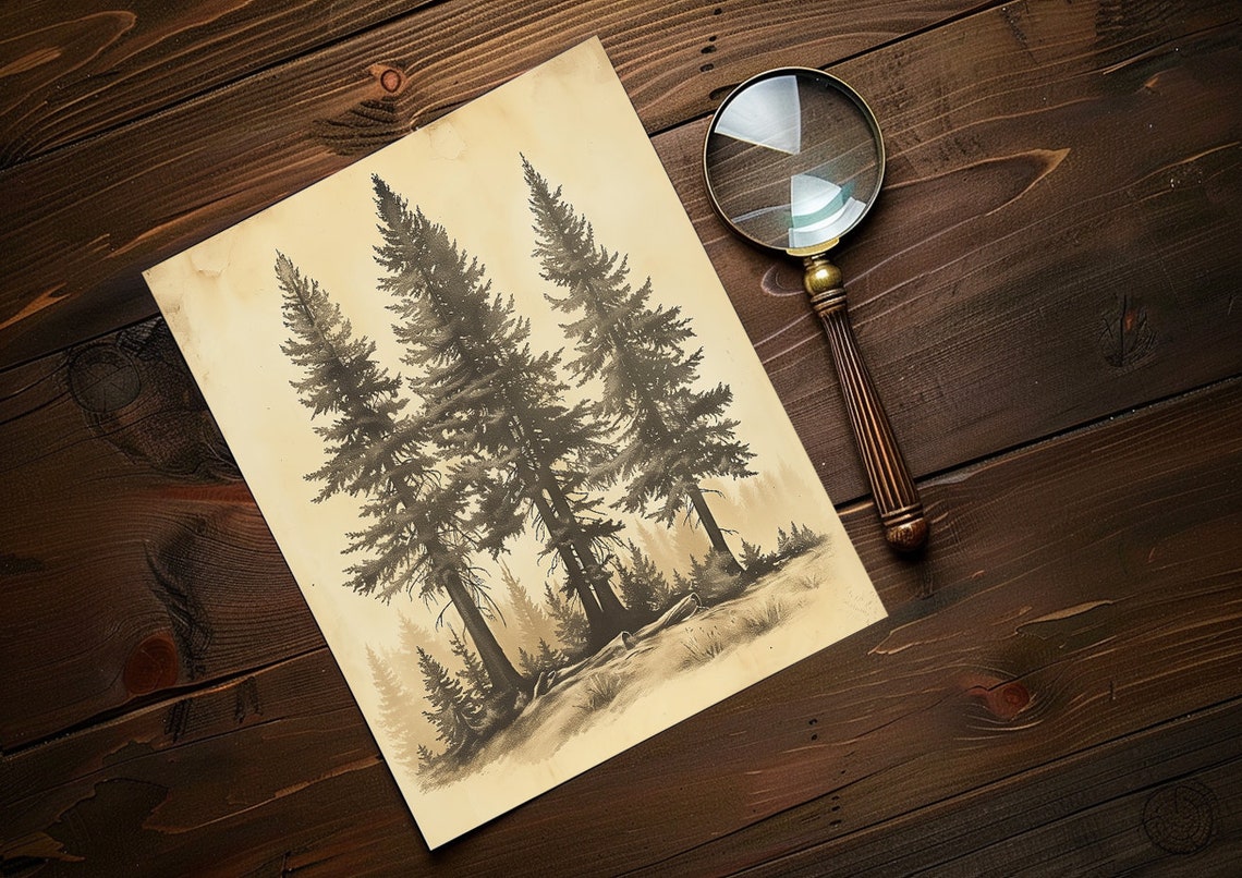 Three Tall Pine Trees Sepia Botanical Vintage Forest Art Poster - Image 2