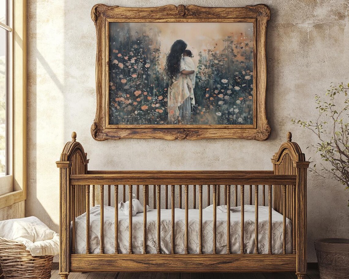 Dark Haired Mother Embracing Child In Wildflower Field At Dusk Print - Image 3