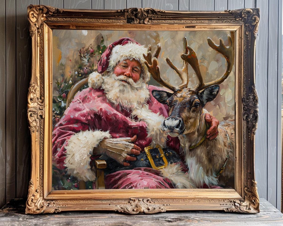 Santa And Reindeer Christmas Wall Art Vintage Christmas Painting Print Pink Santa Claus And Reindeer Wall Art Pink Christmas Decor - Image 2