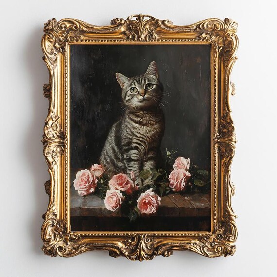 Tabby Cat Sitting Among Pink Roses in an Ornate Gold Frame Poster