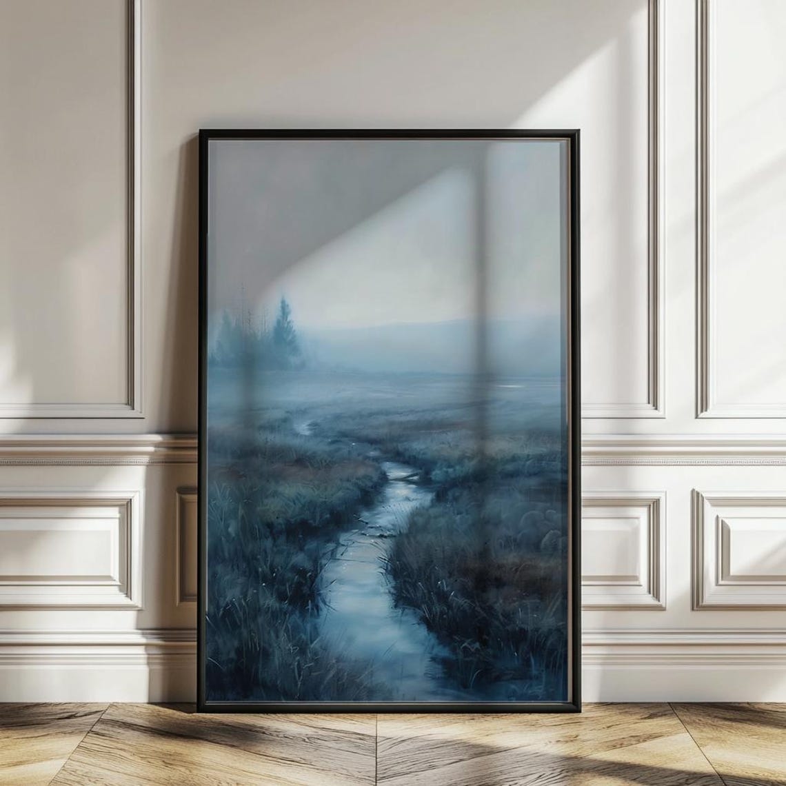 Serene Misty Blue Marsh with a Winding Creek Minimalist Poster