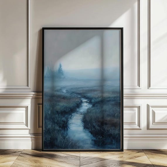 Moody Blue Wall Art For Bathroom Decor Serene Wall Art Foggy Landscape Painting Pacific Northwest Art Pnw Print Calming Wall Art