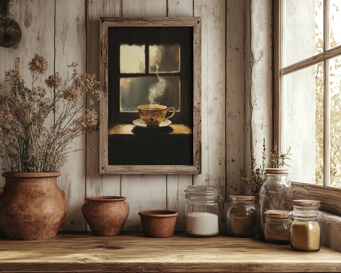 Steaming Teacup On Windowsill Dark Academia Kitchen Scene Poster - Image 2