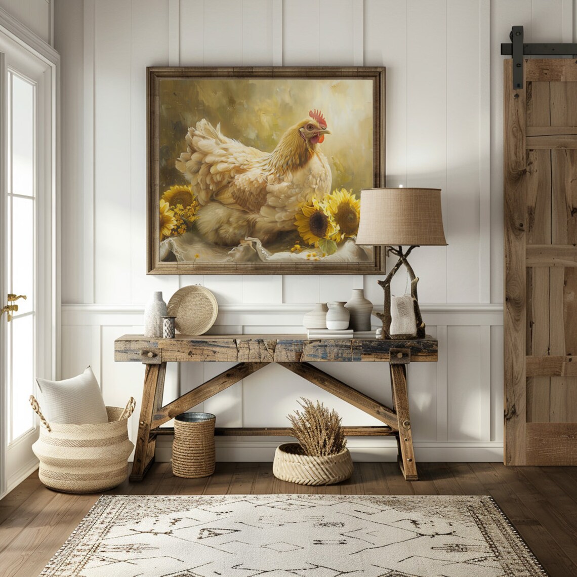 Golden Hen Posing With Bright Yellow Sunflowers Farmhouse Poster - Image 3