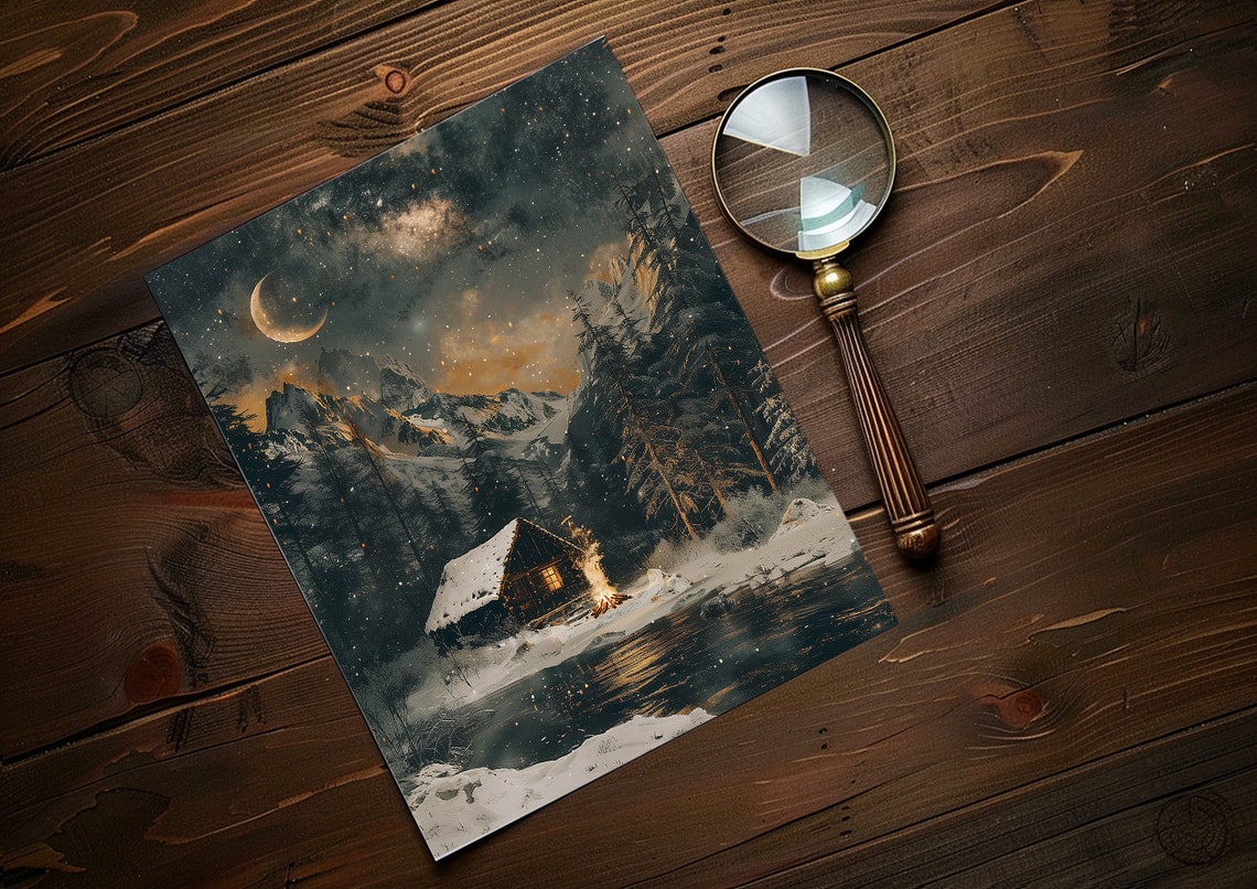 Snowy Cabin Under Starry Night Sky Winter Moonlight Scene Poster - Image 3