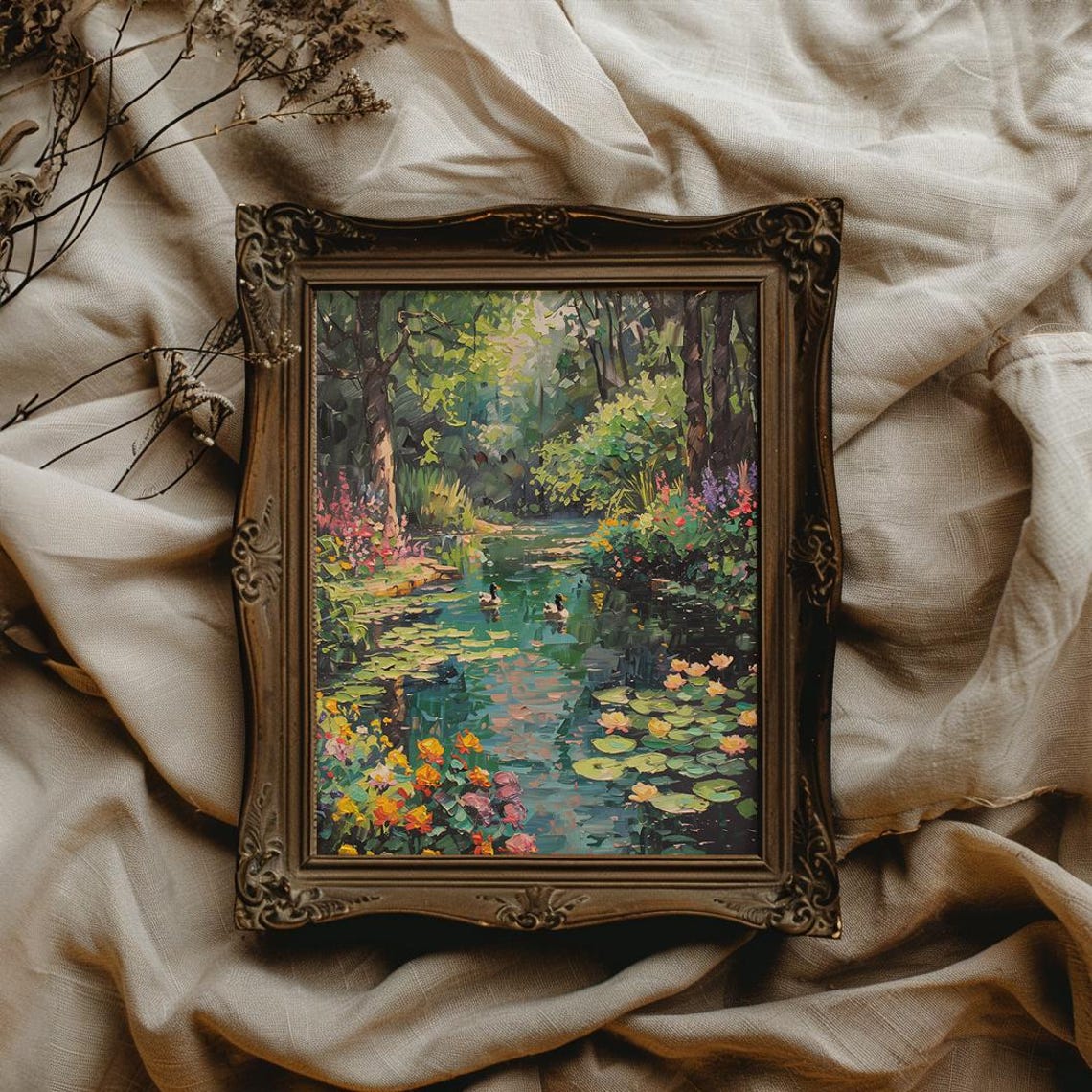 Impressionist Garden Pond With Lilies Ducks And Flowers Art Poster - Image 3